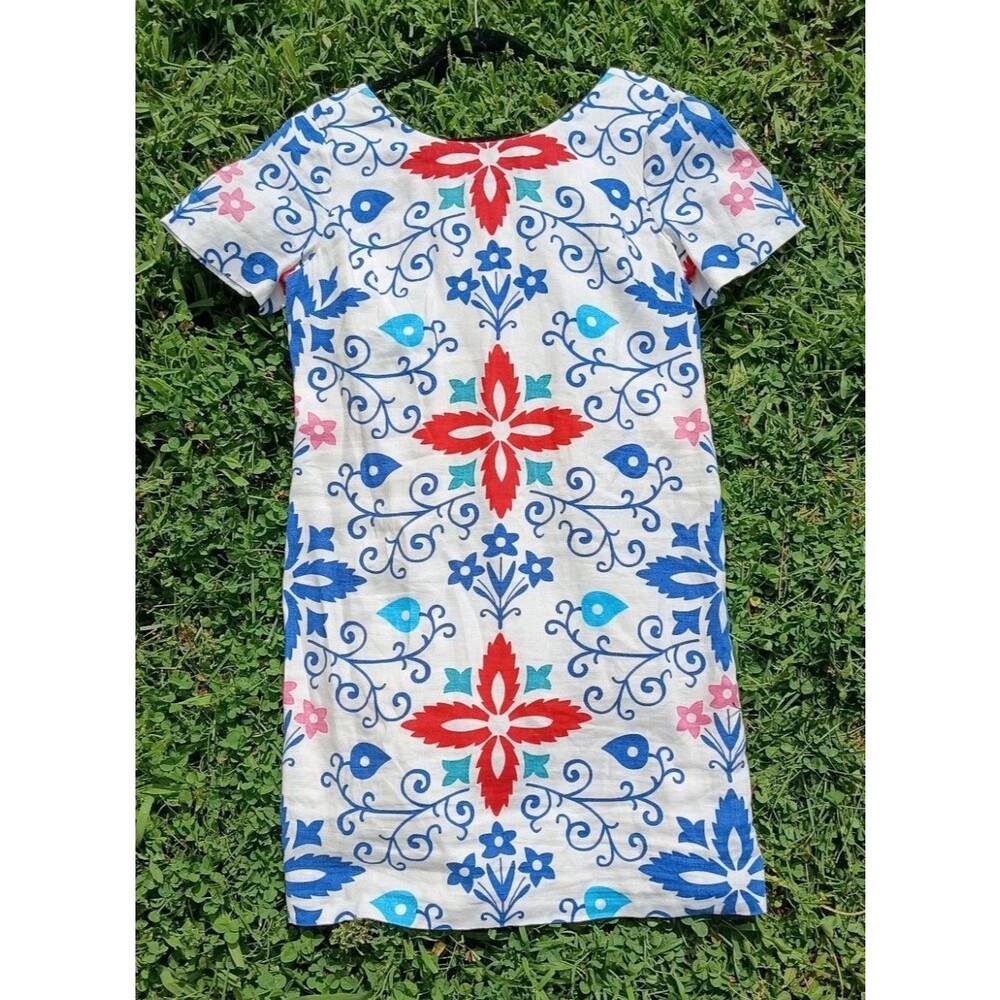 Folk Art Linen Shift Dress Scandinavian Floral Print Sz 12 Coastal Maximimalist